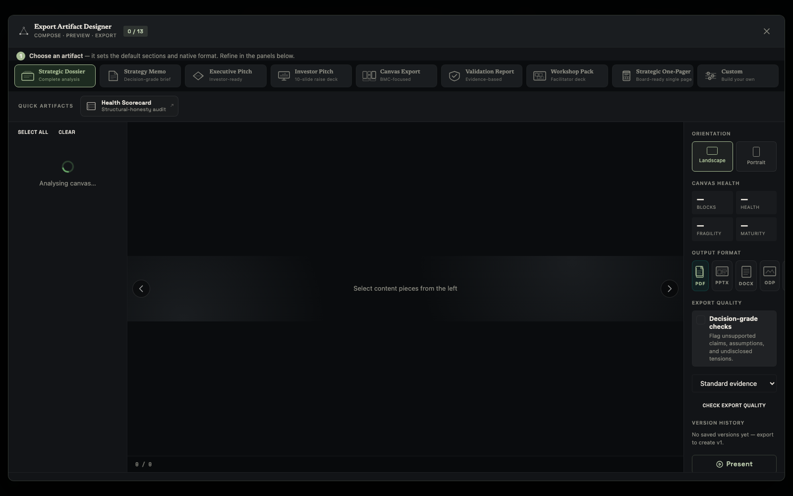 scheem Export Artifact Designer with dossier, memo, pitch, report, workshop pack, and one-pager choices